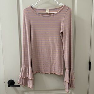 We The Free Free People Stripe Ruffle Bell Sleeve Boho Top Lilac Salmon Size M